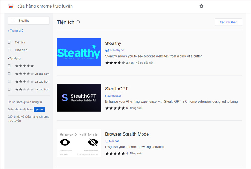 Stealthy có sẵn trong cửa hàng Chrome trực tuyến